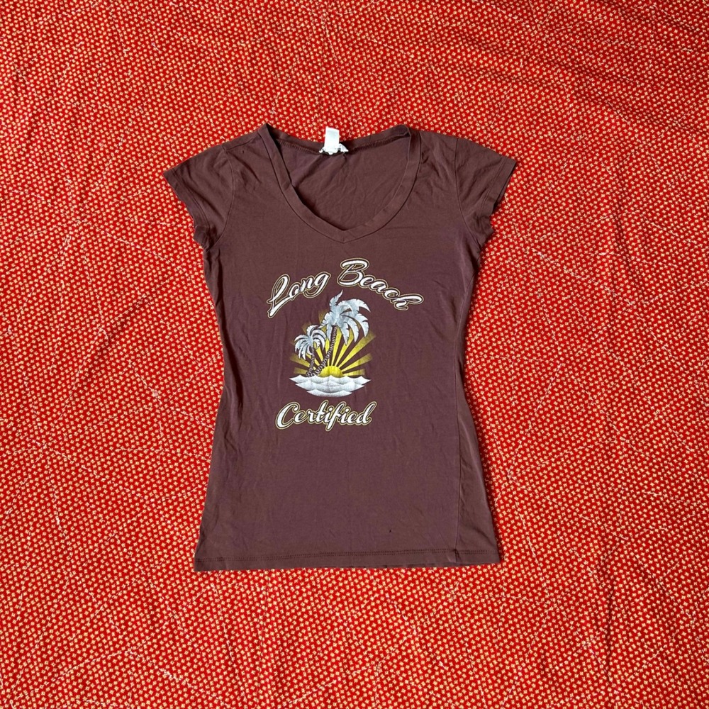Vintage 2000s Long Beach Certified Graphic baby tee Shirt Brown Palm Tree Small
